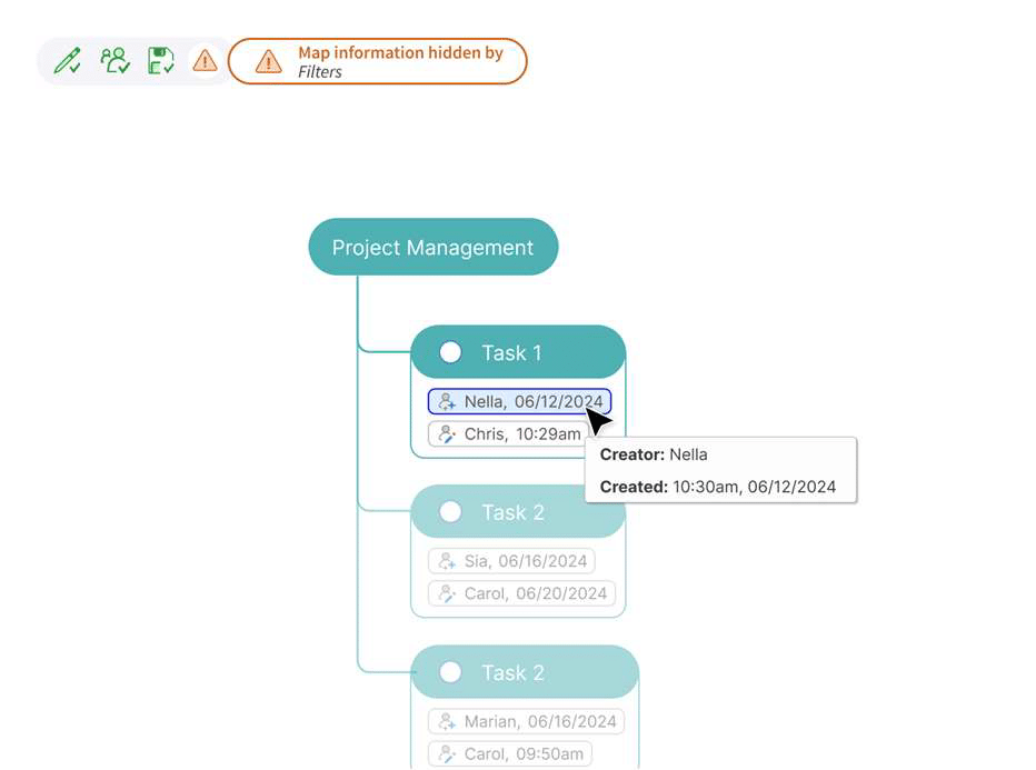 MindManager 24 suivi des données de création et de modification d'une branche.